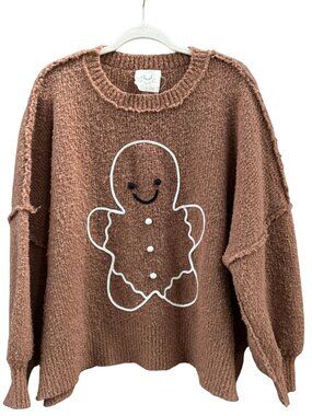 Fantastic Fawn Gingerbread Man Sweater Large Brown Oversized Christmas Boucle